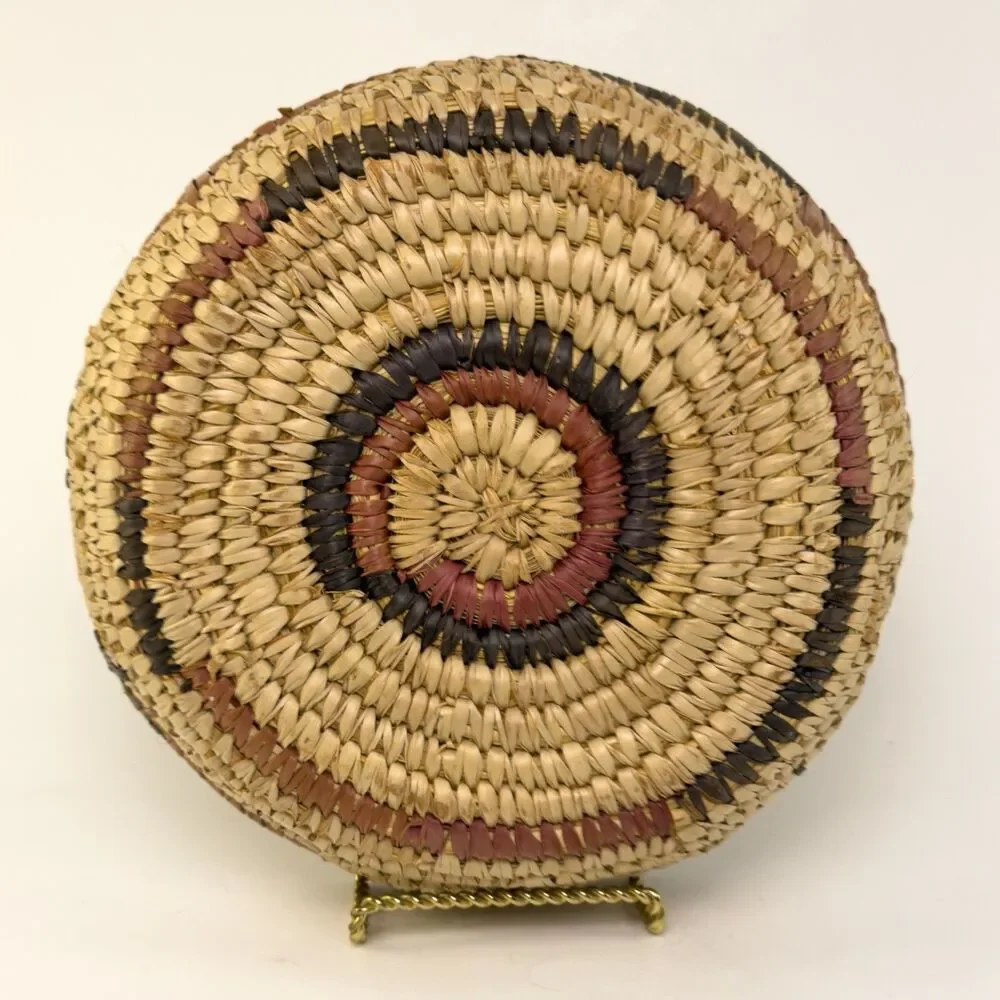Vintage Woven Basket Coiled Round 10” Earth Tones Tan Brown Boho Wall Decor